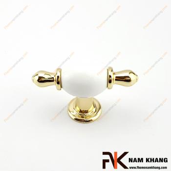 Núm cửa tủ dạng tròn sứ trắng viền vàng NK329-VT