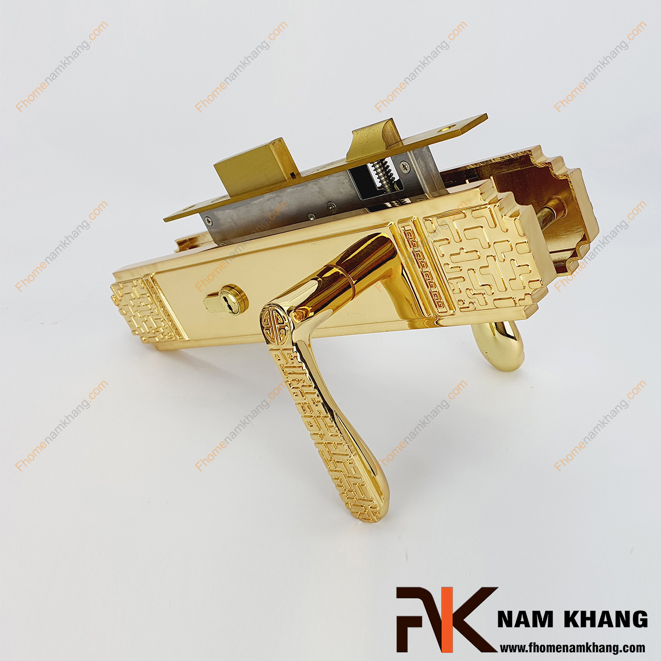 Khóa cửa chính bằng đồng màu vàng NK344L-24K là bộ sản phẩm khóa cửa loại lớn chuyên dùng cho các dạng cửa chính size đại, cao cấp, cửa 2 cánh, 4 cánh,...
