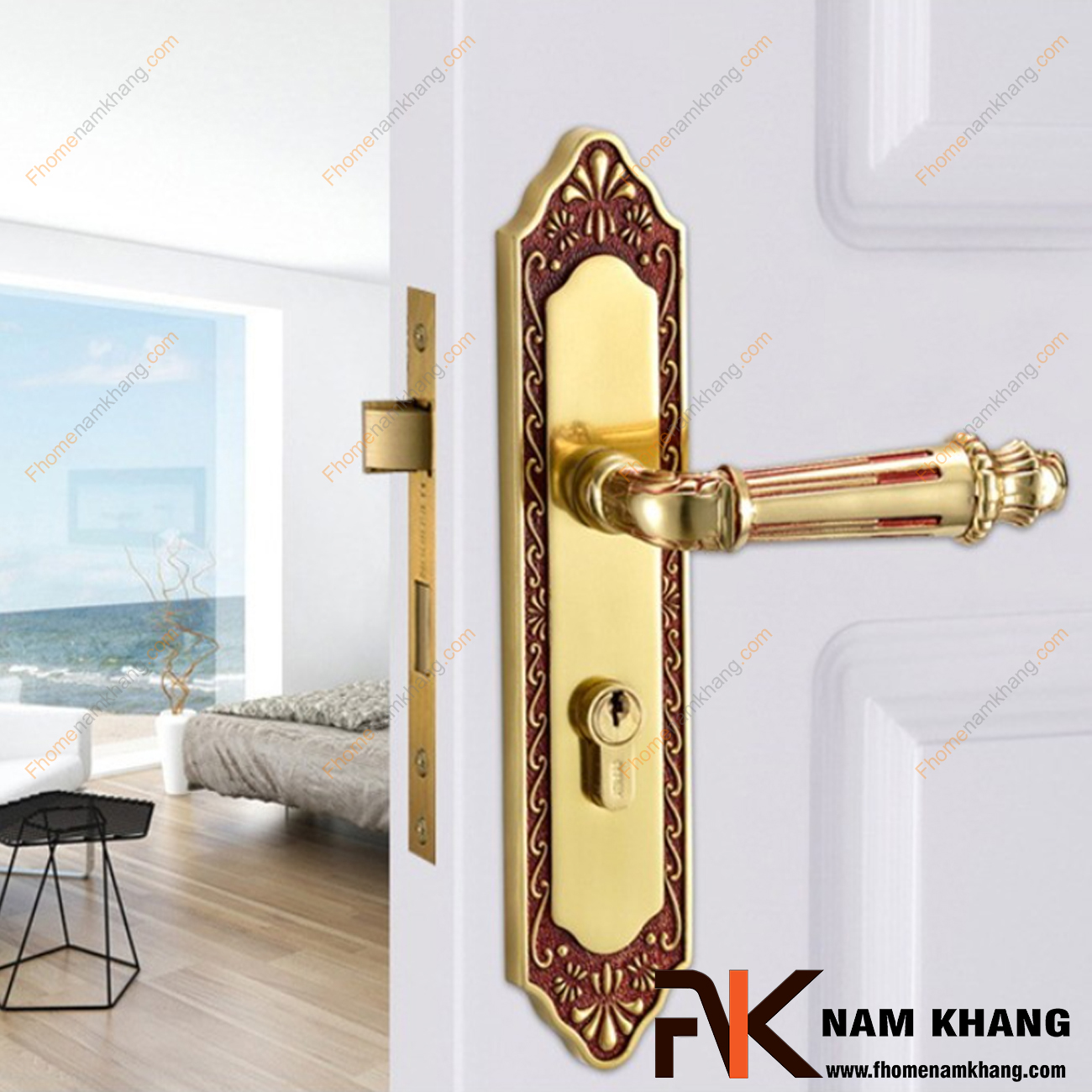 Khóa cửa chính cổ điển bằng đồng cao cấp NK345L-RC là bộ khóa cửa dành cho các dạng cửa chính lớn, cao cấp, cửa 2 cánh hoặc 4 cánh.