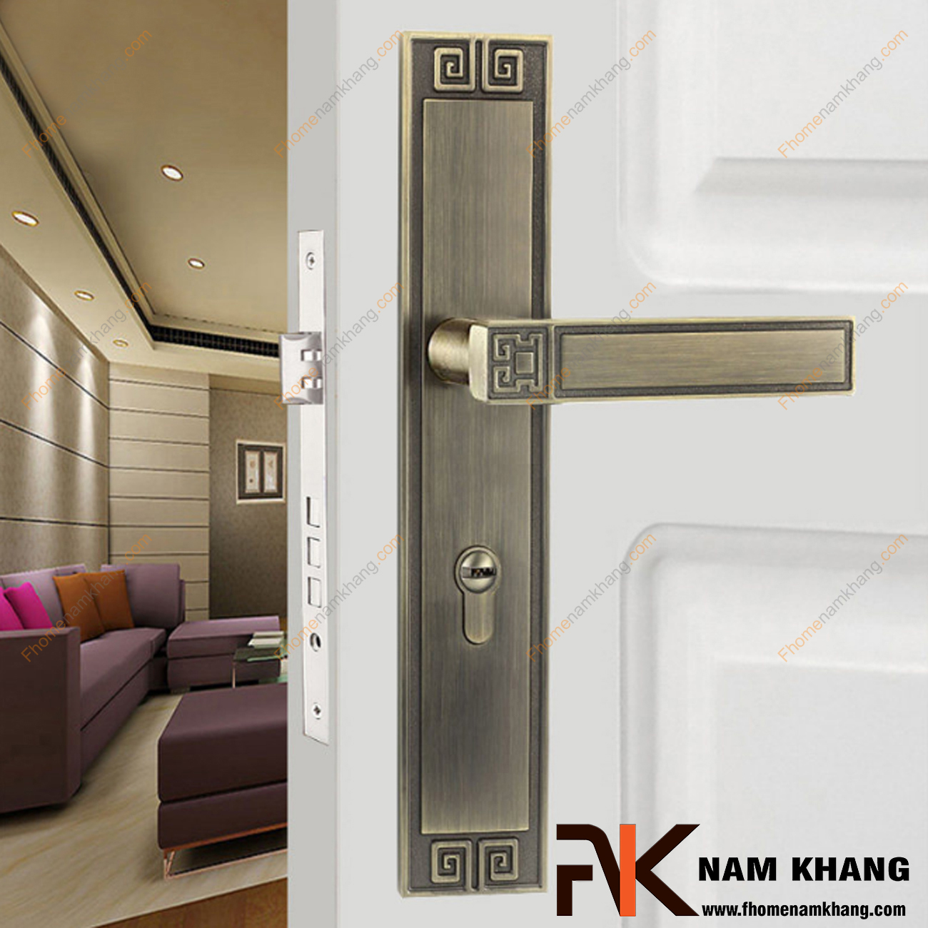 Khóa cửa chính dạng ốp vuông màu đồng vàng đen NK560L-BCF là bộ khóa cửa dành chi các dạng cửa chính lớn, cao cấp, cửa 2 cánh hoặc 4 cánh.