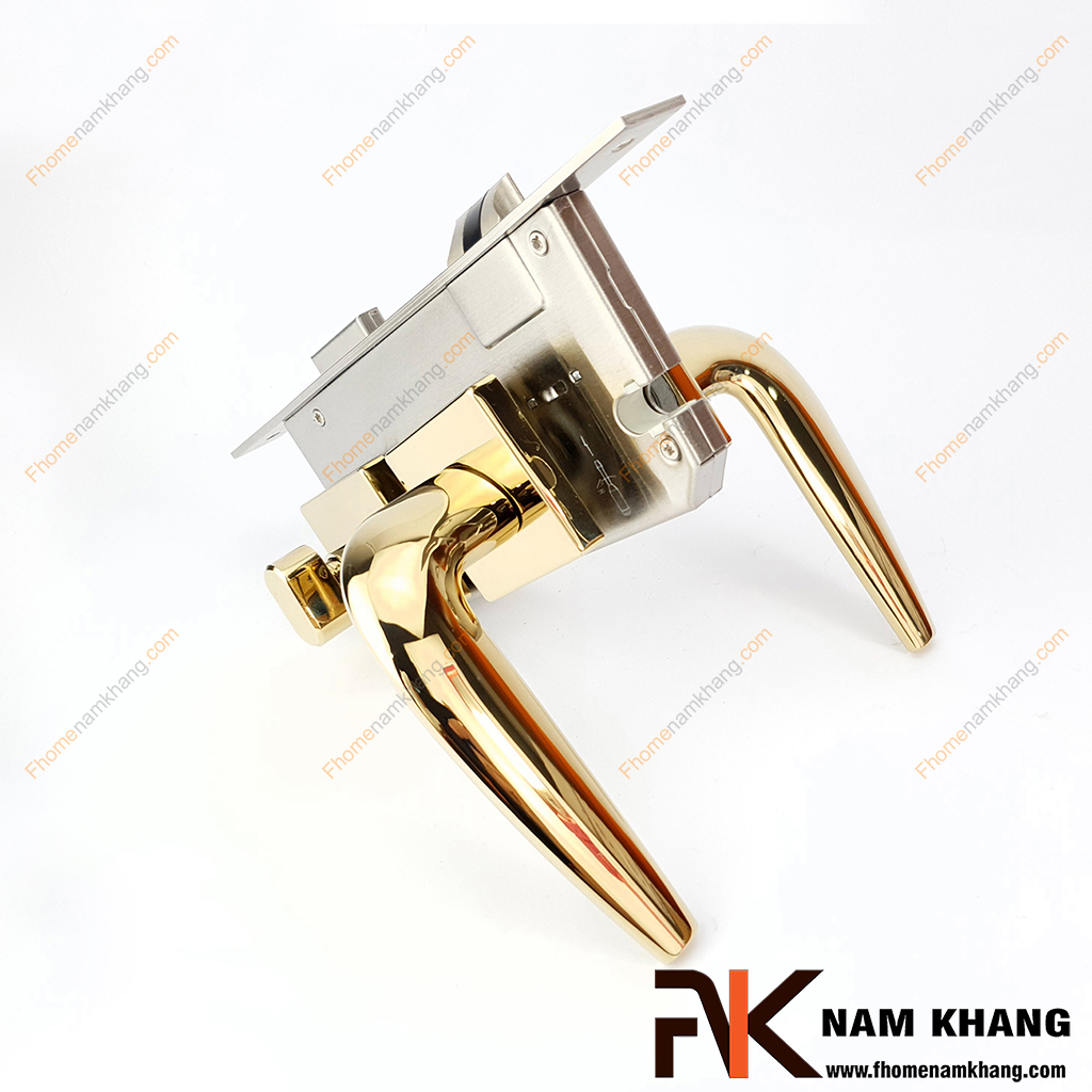 Khóa cửa phân thể thiết kế hiện đại màu vàng bóng NK574V-PVD - kiểu khóa cửa tiện lợi được lựa chọn sử dụng nhiều trong thiết kế nội ngoại thất nhà ở, chung cư, biệt thự,...