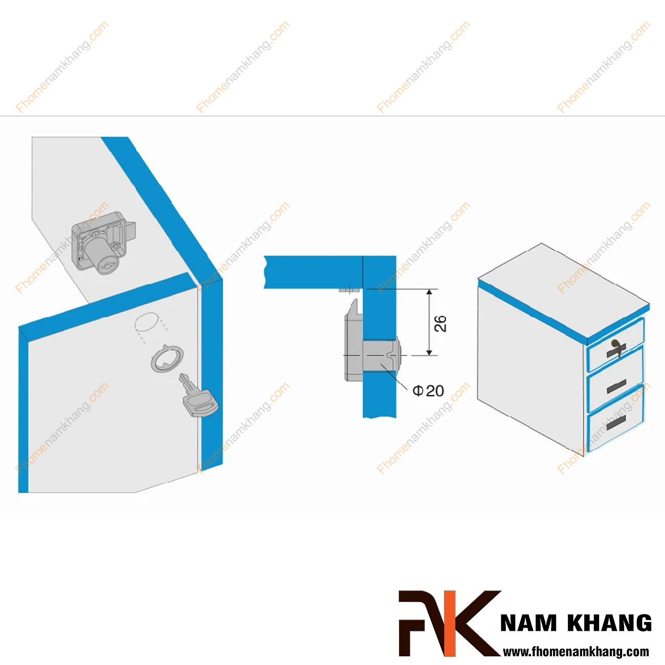 Khóa cửa tủ - Khóa tự động NK711-KTD dạng khóa tủ đế vuông có cơ chế gài tự động khi đóng cánh cửa tủ. Đây là dòng khóa tủ nhỏ gọn tiện lợi được sử dụng nhiều trong các dạng tủ làm việc, tủ kính và các dạng tủ hồ sơ gỗ.