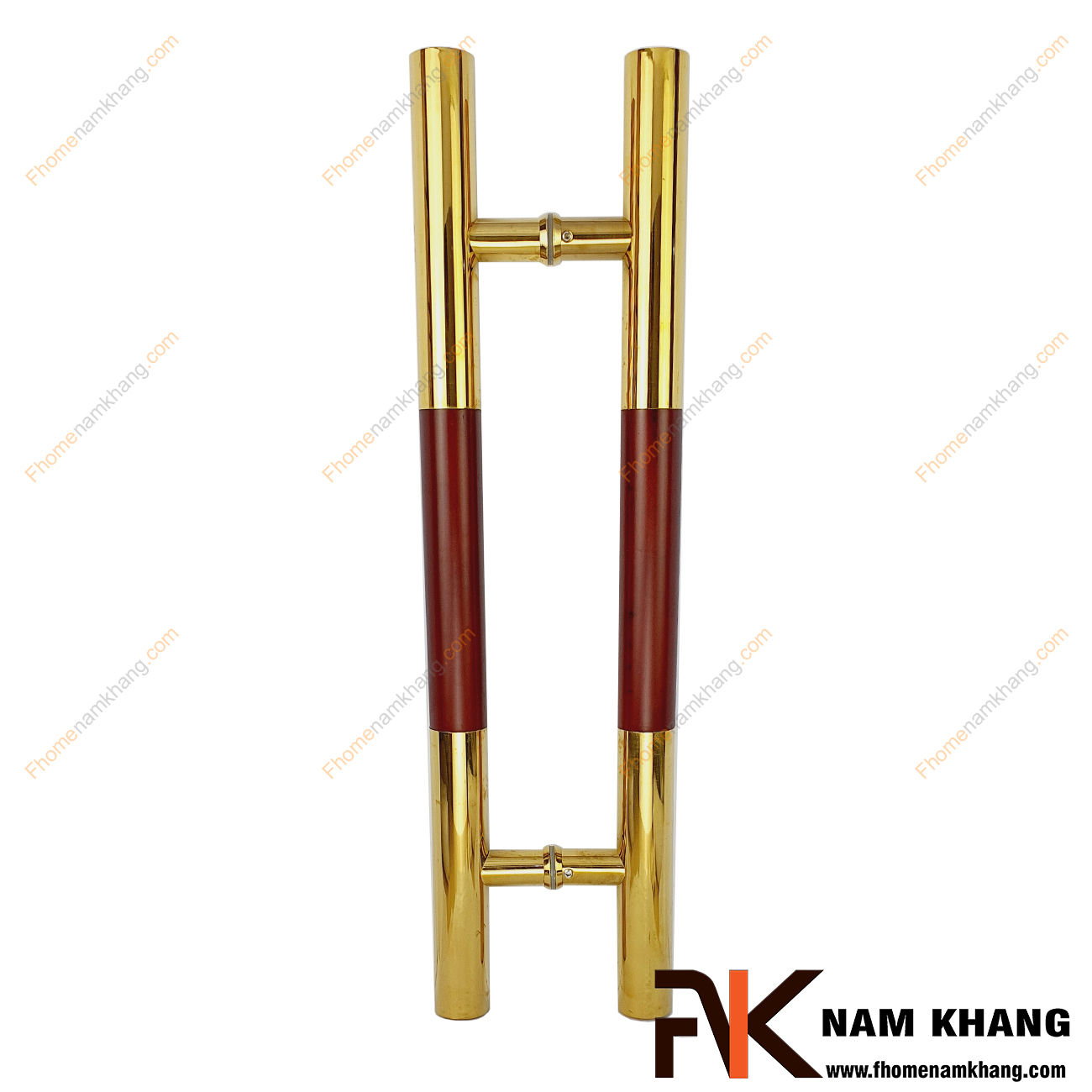 Tay nắm cửa chính màu inox vàng bóng phối gỗ đỏ NKC003-GV là sản phẩm tay nắm tủ đồng tâm dùng cho nhiều loại cửa vời đầy đủ các chất liệu theo thiết kế nội thất.
