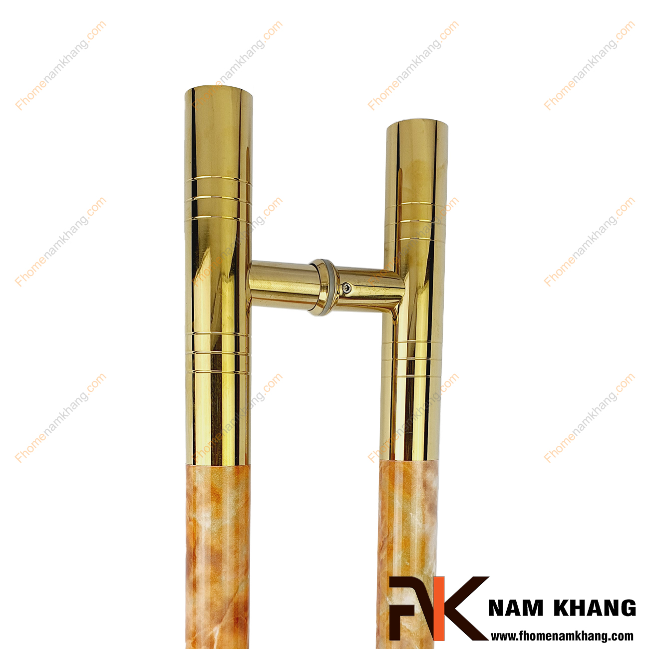 Tay nắm cửa chính màu vàng bóng phối vân đá cam NKC014-CV được sản xuất từ chất liệu cao cấp, có kích thước lớn chuyên dùng cho cửa kính, cửa gỗ, cửa 2 hoặc 4 cánh,...