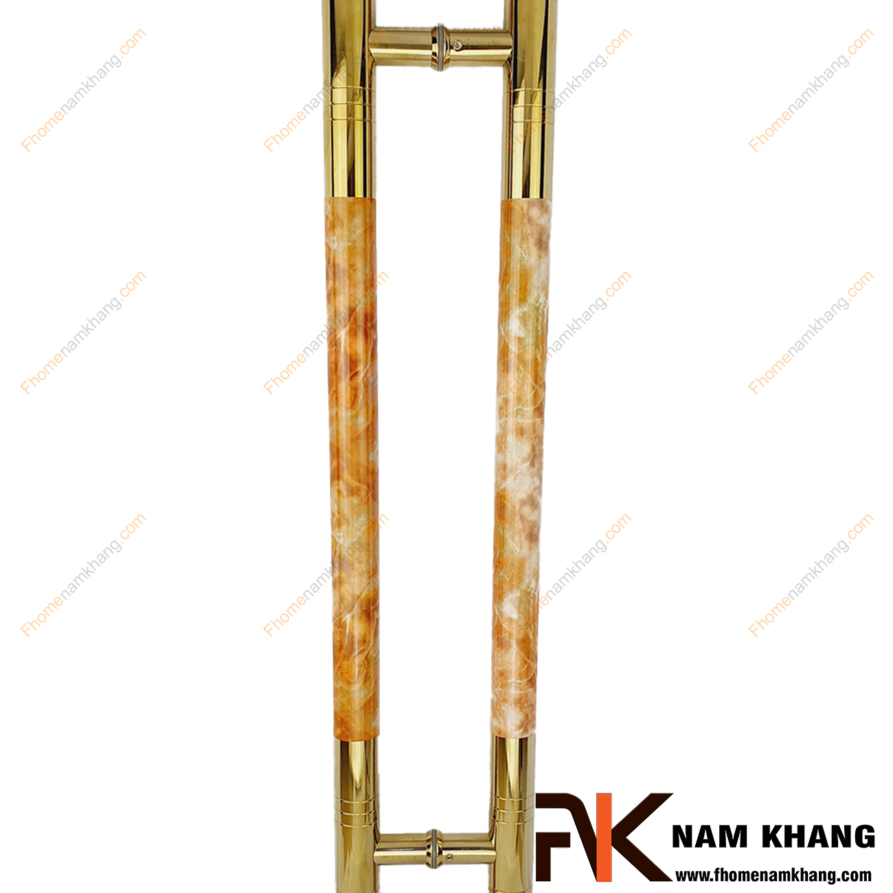 Tay nắm cửa chính màu vàng bóng phối vân đá cam NKC014-CV được sản xuất từ chất liệu cao cấp, có kích thước lớn chuyên dùng cho cửa kính, cửa gỗ, cửa 2 hoặc 4 cánh,...