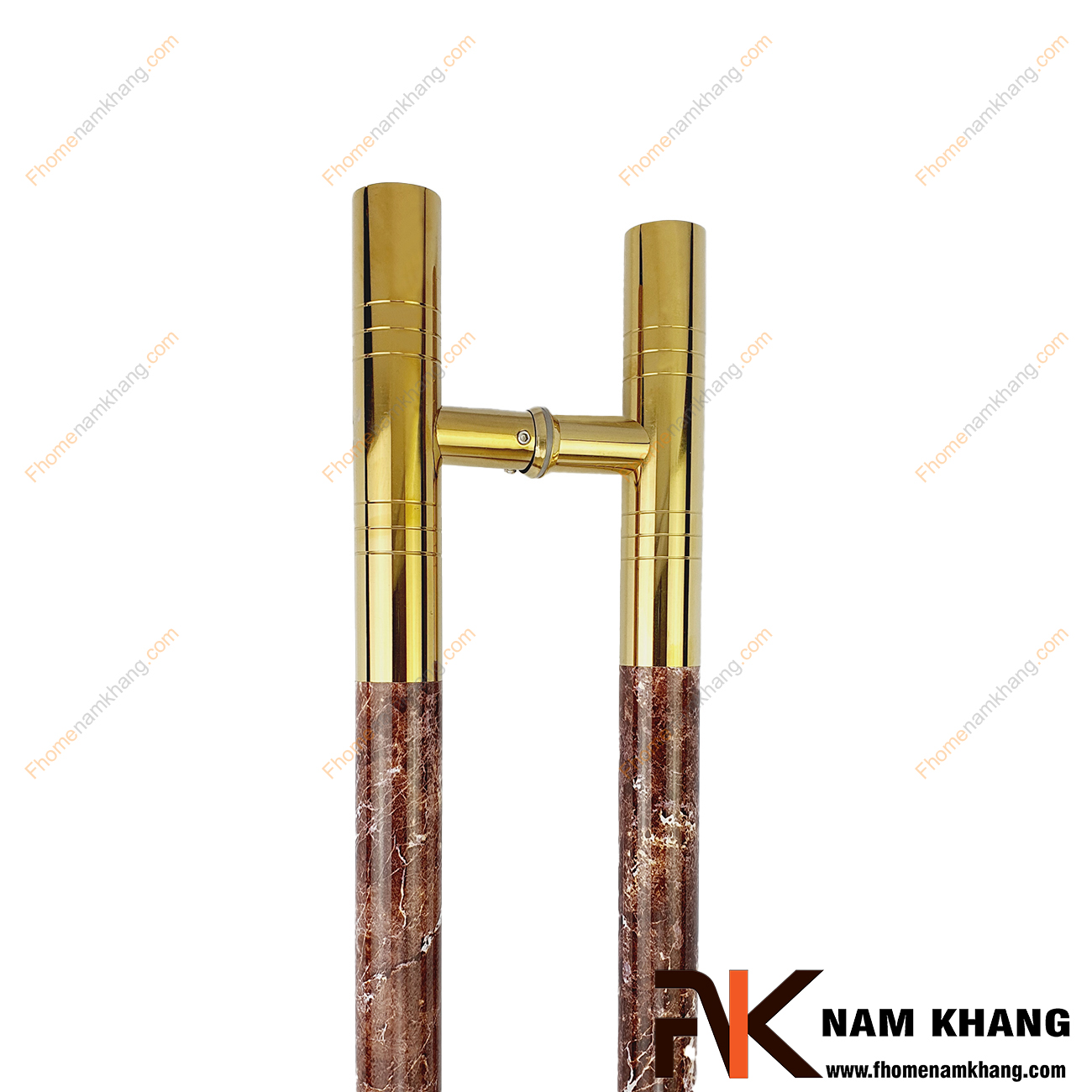 Tay nắm cửa chính màu vàng bóng phối vân đá nâu NKC014-NV là tay nắm dạng thanh tròn, có kích thước lớn phù hợp dùng cho cửa gỗ, cửa lớn, cửa 2 hoặc 4 cánh,...