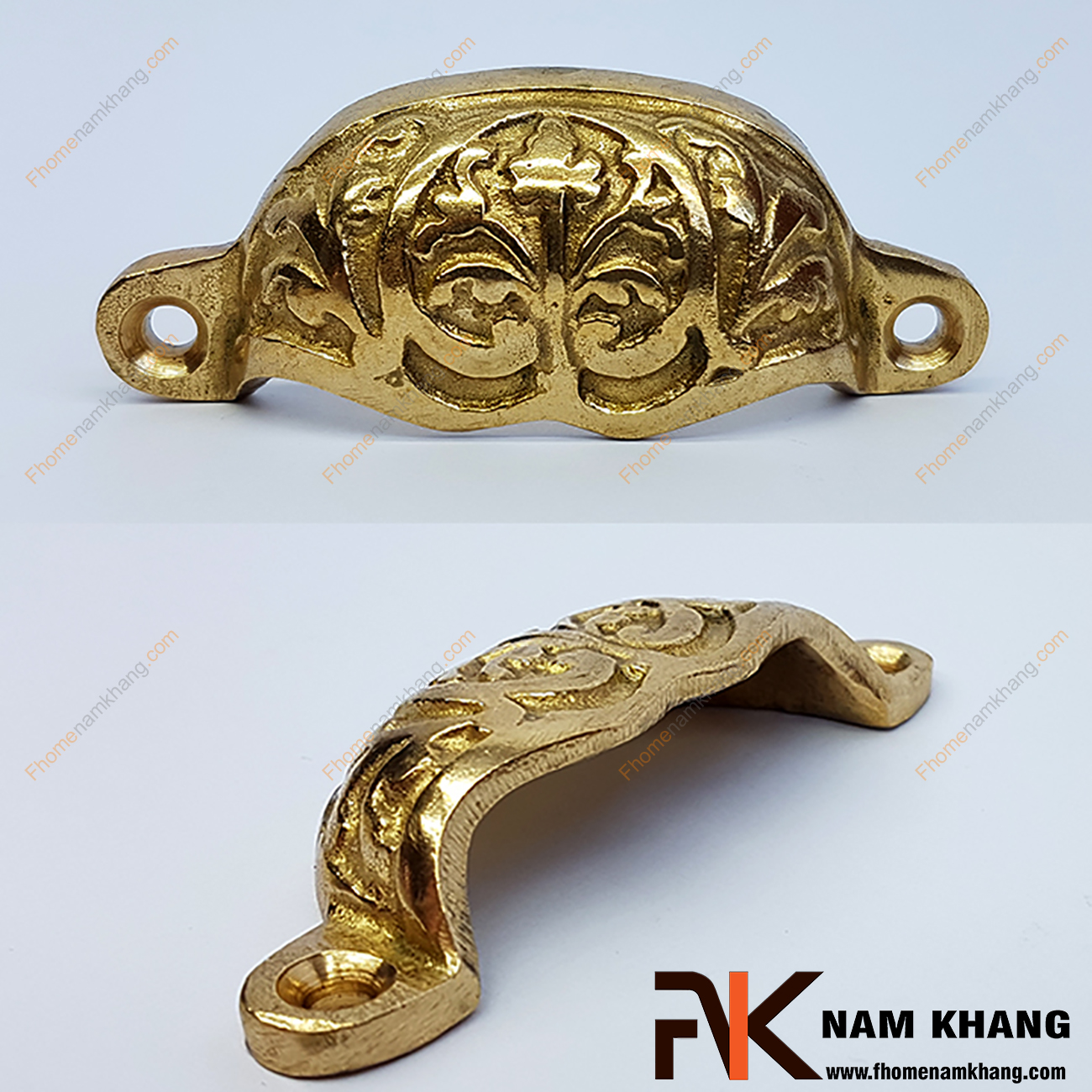 Tay nắm tủ đồng vàng NKD008 có thiết kế đậm chất hoàng gia Á ĐÔNG với kiểu dáng lá mỏng uốn cong và được khắc họa các đường nét đối xứng.