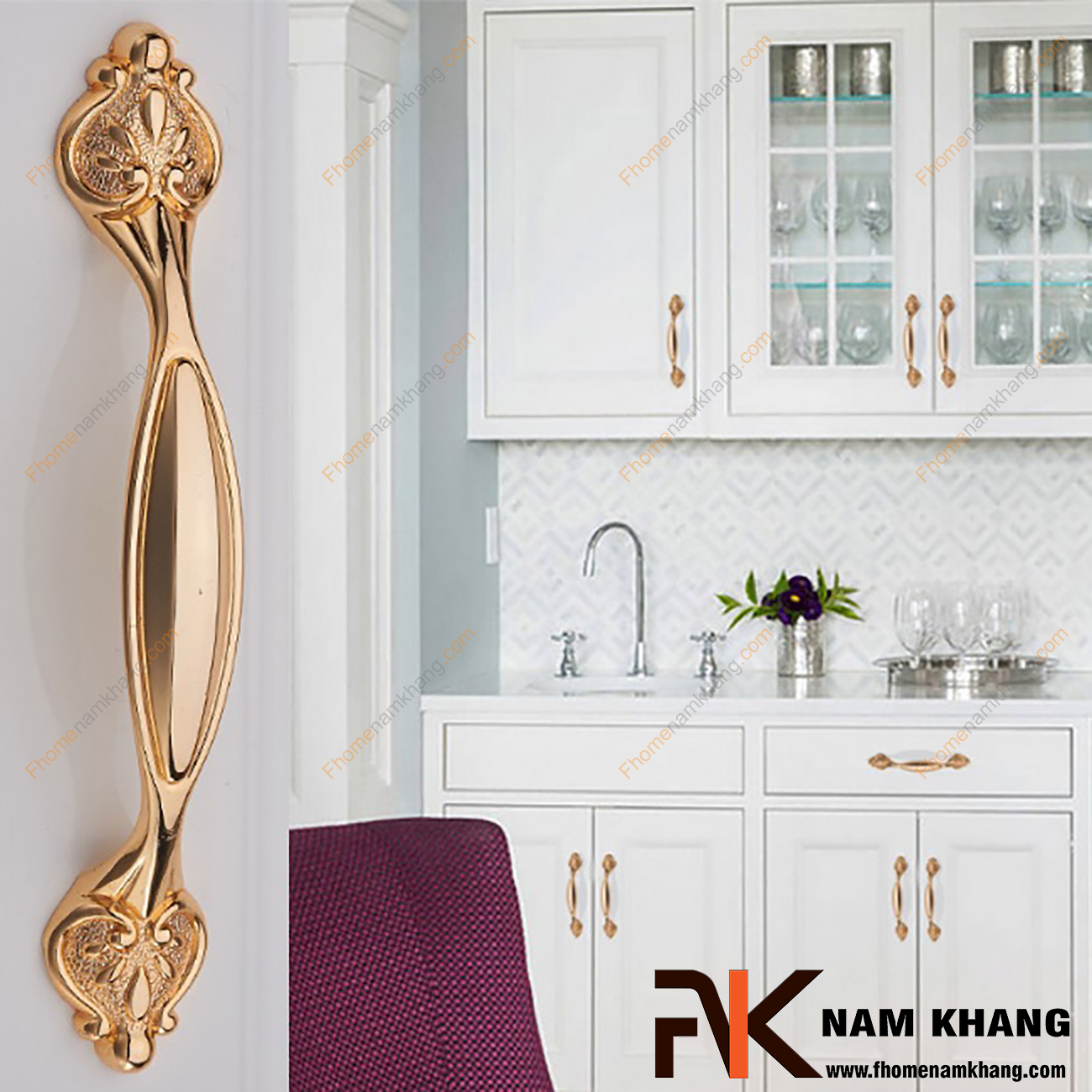 Tay nắm cửa tủ mạ vàng NK200-128V mang một màu vàng bóng ánh kim mang vẻ sang trọng pha lẫn chút cổ điển tạo nên nét đặc trưng của sản phẩm