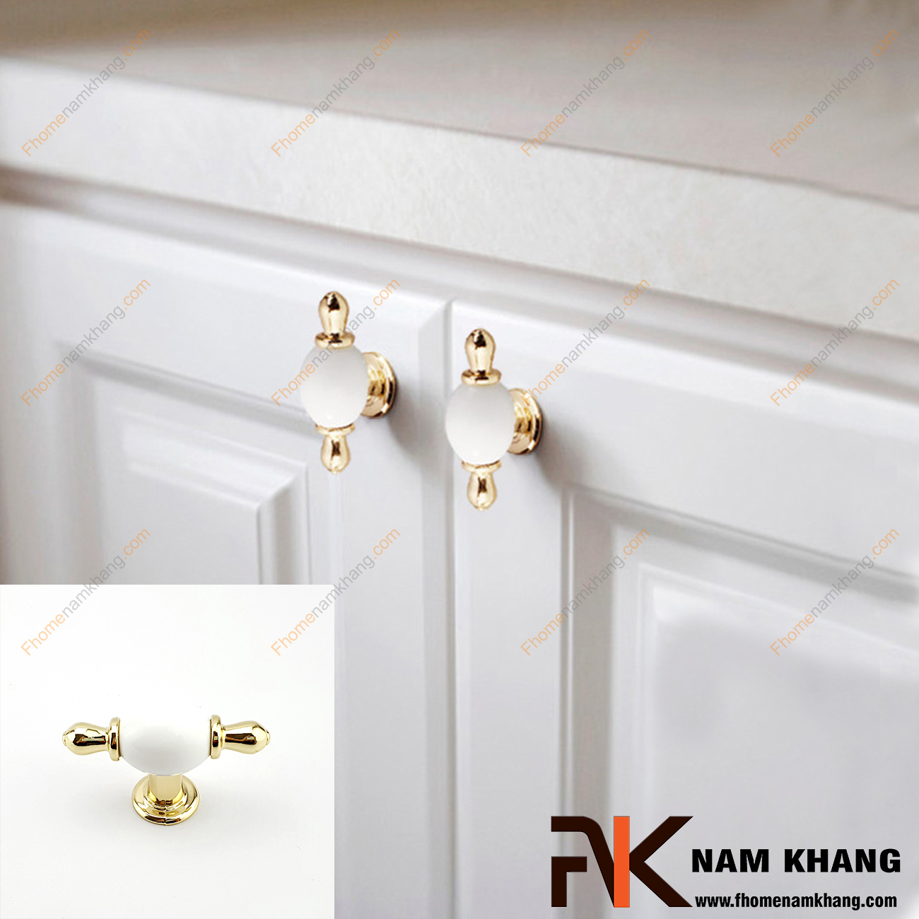 Núm cửa tủ dạng tròn sứ trắng viền vàng NK329-VT có thiết kế khá đơn giản từ hợp kim mạ vàng bọc quanh sứ trắng bóng cao cấp. Khá đơn giản nhưng lại toát lên vẻ ngoài tinh tế và rất sang trọng .