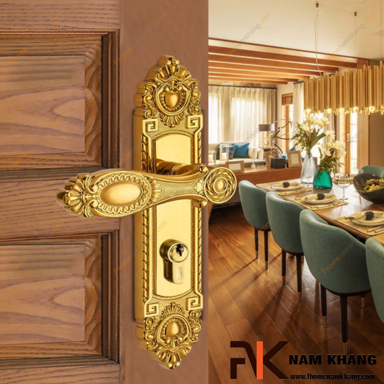 Khóa cửa chính cổ điển bằng đồng cao cấp NK190L-PVD - Sản phẩm khóa cửa chính được sử dụng chủ yếu cho cửa gỗ lớn, cao cấp, 2 hoặc 4 cánh.
