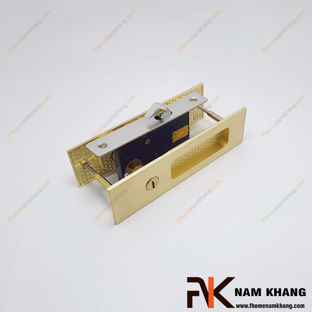 Khóa âm cửa màu vàng mờ NK568HV-VM - Khóa cửa âm lùa sở hữu thiết kế hiện đại với kiểu dáng thanh thoát, mặt khóa chữ nhật vuông vức kết hợp tay kéo âm tiện lợi.
